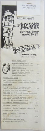 Item #SKB-11839 Menu from Cafe Bizarre in Greenwich Village. Rick ALLMEN, Andy WARHOL