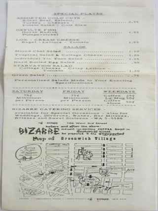 Menu from Cafe Bizarre in Greenwich Village.