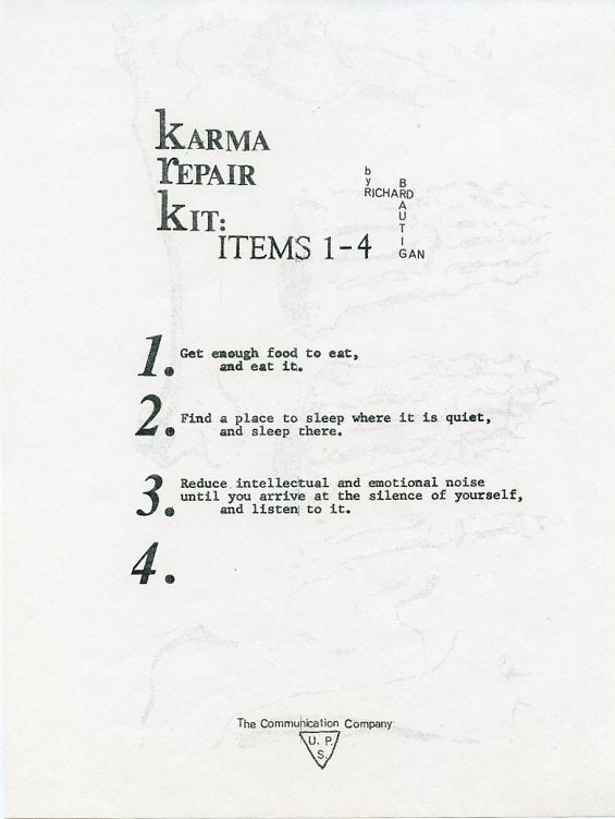 Item #SKB-1248 Karma Repair Kit: Items 1-4. Richard BRAUTIGAN.