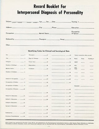 Record Booklet for Interpersonal Diagnosis of Personality.