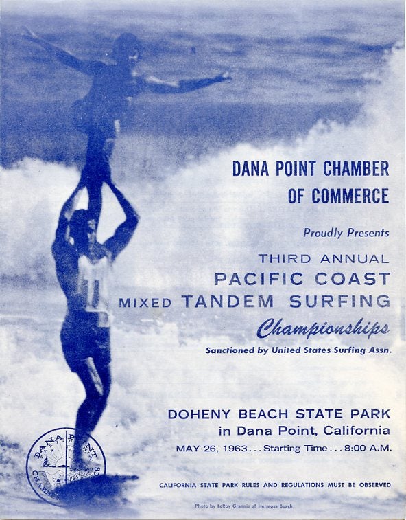 Item #SKB-13100 Entry form for the 1963 Third Annual Pacific Coast Mixed Tandem Surfing Championships. Bud BROWNE.