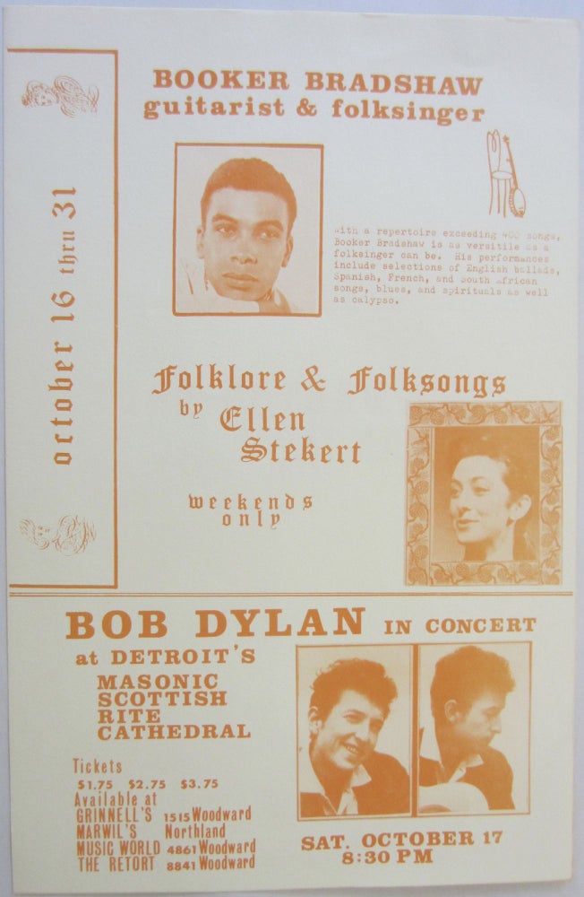 Item #SKB-13557 Broadside announcing Bob Dylan at the Masonic Scottish Rite Cathedral in Detroit, 1964. Bob DYLAN.