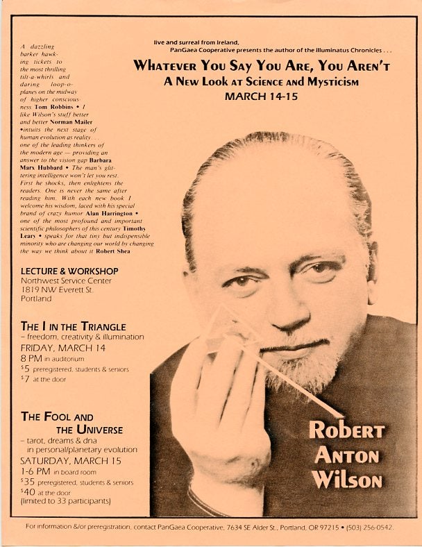 Item #SKB-14925 Handbill announcing a 1986 lecture by Wilson at the Northwest Service Center in Portland. Robert Anton WILSON.