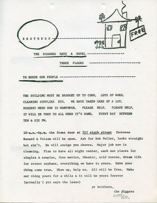 Item #SKB-15440 Handbill announcing: ''The Diggers Have a Hotel.''. Chester ANDERSON, Emmett GROGAN