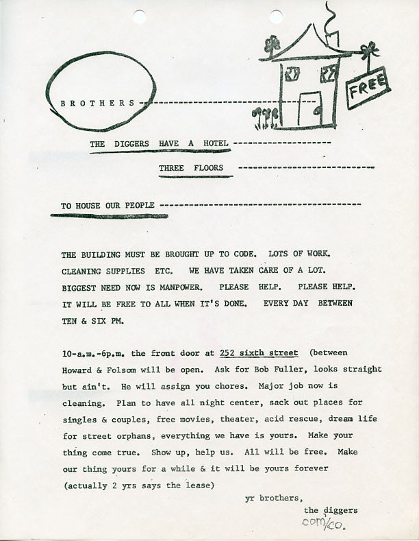 Item #SKB-15440 Handbill announcing: ''The Diggers Have a Hotel.''. Chester ANDERSON, Emmett GROGAN.