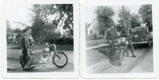 Item #SKB-15730 Two vintage b&w snapshots of a pair of early bikers and their motorcycle. BIKERS