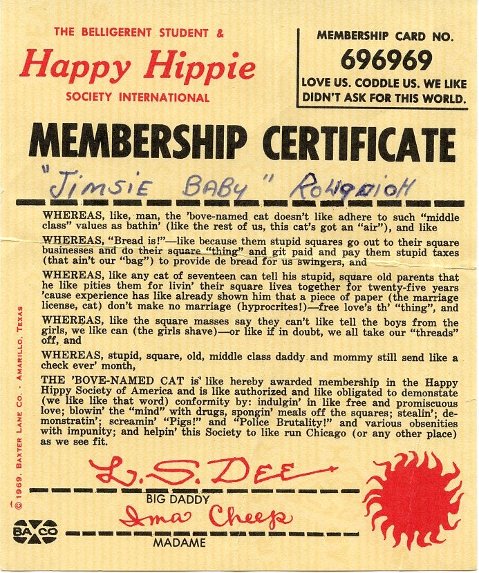 Item #SKB-16045 The Belligerent Student & Happy Hippie Society International Membership Certificate. HIPPIES.