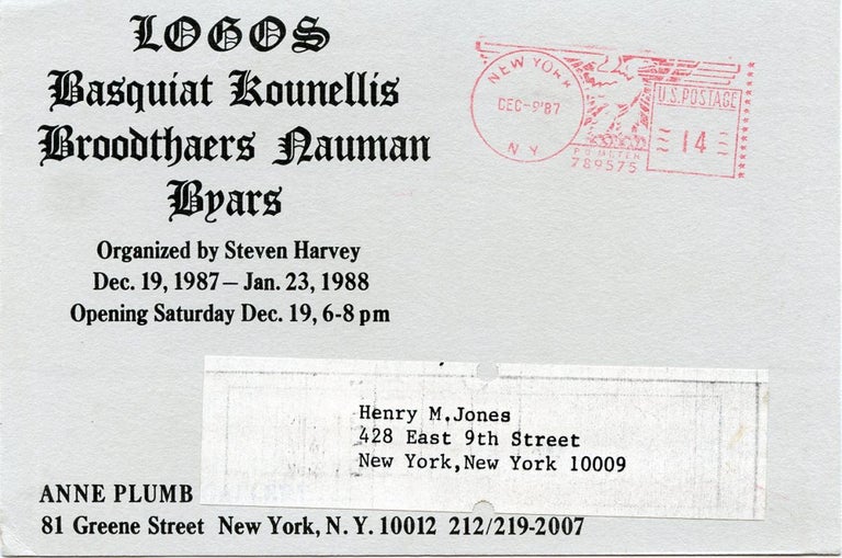 Item #SKB-16221 Invitation card for the 1987 ''Logos'' group show at the Anne Plumb Gallery in NYC. Jean-Michel BASQUIAT.