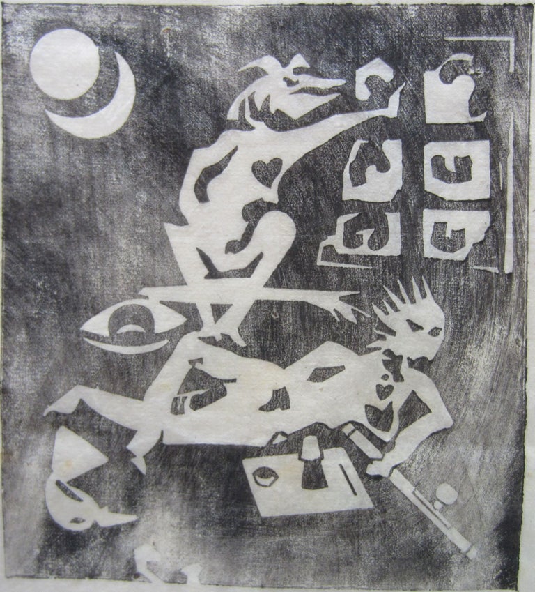 Item #SKB-16484 Original rice paper woodblock print of an opium smoker and a part-human figure above him. Dana YOUNG.