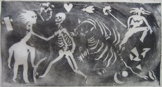 Item #SKB-16485 Original rice paper woodblock print of a skeleton strangling an opium smoker....