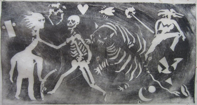Item #SKB-16485 Original rice paper woodblock print of a skeleton strangling an opium smoker. Dana YOUNG.
