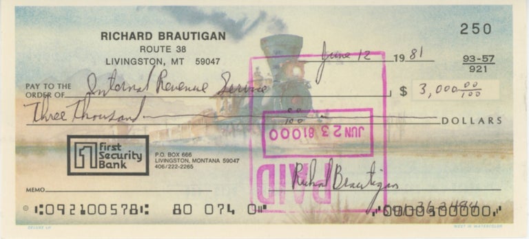 Item #SKB-16546 Personal check written and signed by Richard Brautigan. Richard BRAUTIGAN.