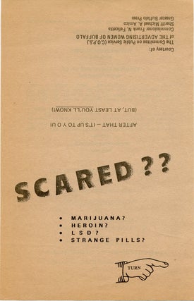Item #SKB-16693 Anti-drug flyer asking: ''Scared? Marijuana? Heroin? Strange Pills?''. ANONYMOUS