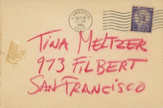 Handmade mail art postcard by Wallace Berman featuring a self-portrait photograph of him.