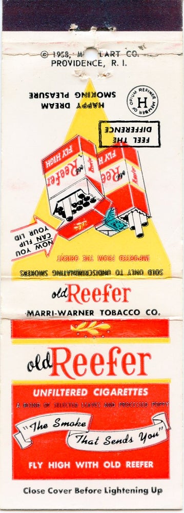 Item #SKB-16776 Spoof matchbook cover advertising ''Old Reefer Unfiltered Cigarettes.''. MARIJUANA.