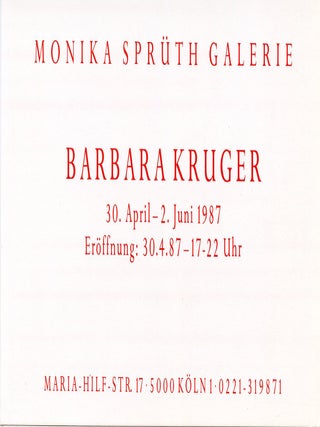 Item #SKB-16841 Invitation card for Kruger's 1987 show at the Monika Spruth Galerie in Koln....