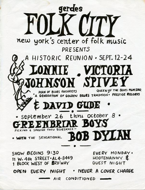Item #SKB-16889 Handbill announcing a series of 1961 concerts at Gerdes Folk City in Greenwich Village, one of which featured then unknown Bob Dylan as the opening act for The Greenbriar Boys. Bob DYLAN.
