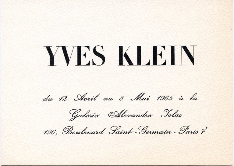 Item #SKB-16955 Invitation card for Klein's 1965 show at Galerie Alexandre Iolas in Paris. Yves KLEIN.