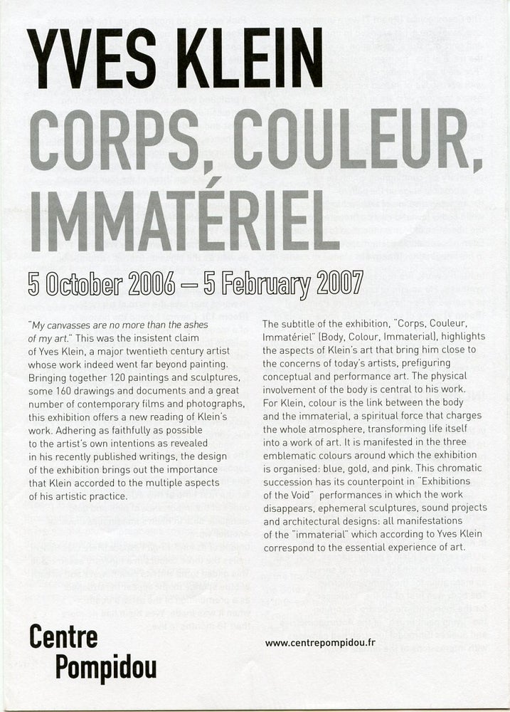 Item #SKB-16988 Multi-folding sheet printed on both sides for Klein's 2007 "Corps, Couleur, Immateriel" exhibition at Centre Pompidou in Paris. Yves KLEIN.