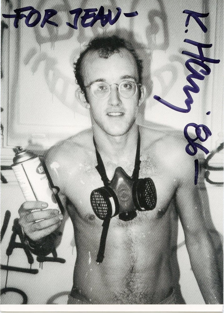 Item #SKB-17002 Postcard signed by Keith Haring printing Patrick McMullan's iconic photo portrait of him. Keith HARING.
