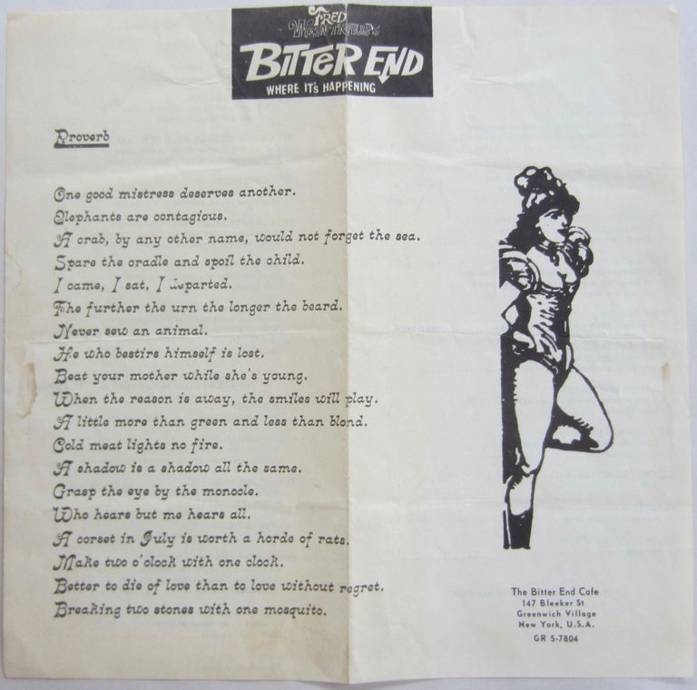 Item #SKB-17112 Menu from The Bitter End in Greenwich Village. Bob DYLAN, Patti, SMITH, Bruce SPRINGSTEEN.