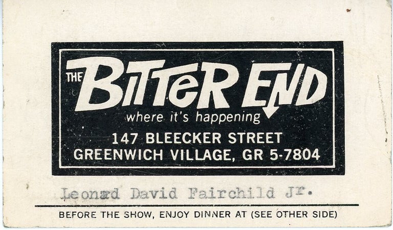 Item #SKB-17113 Dual business card from The Bitter End and The Tin Angel restaurant in Greenwich Village. Bob DYLAN, Patti, SMITH, Bruce SPRINGSTEEN.