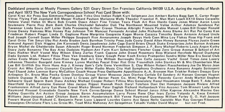 Item #SKB-17308 Oversize postcard announcing The New York Correspondence School Postcard Show at the Mostly Flowers Gallery in SF, 1973. Tim MANCUSI.