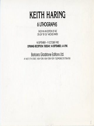 Promotional card from Barbara Gladstone gallery announcing publication and opening reception for Haring's "6 Lithographs".