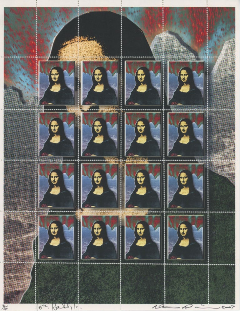 Item #SKB-17486 Mona Lisa perforated mail art stamps by John Held, Jr. and Mike Dickau together with two other pieces. John HELD, Jr., Mike DICKAU.