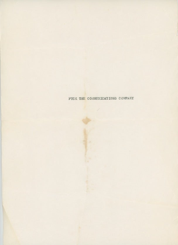 Item #SKB-17529 Legal-size handbill from the Communication Company proclaiming: ''Fuck the Communication Company.''. Chester ANDERSON, Emmett, GROGAN, Chester HAYWARD.