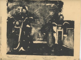 Item #SKB-17603 Woodblock print of an impressionistic, atmospheric drawing of two Hell's Angels...
