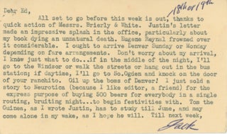 Item #SKB-17629 Typed Postcard Signed to his old friend Ed White with reference to The Town and...