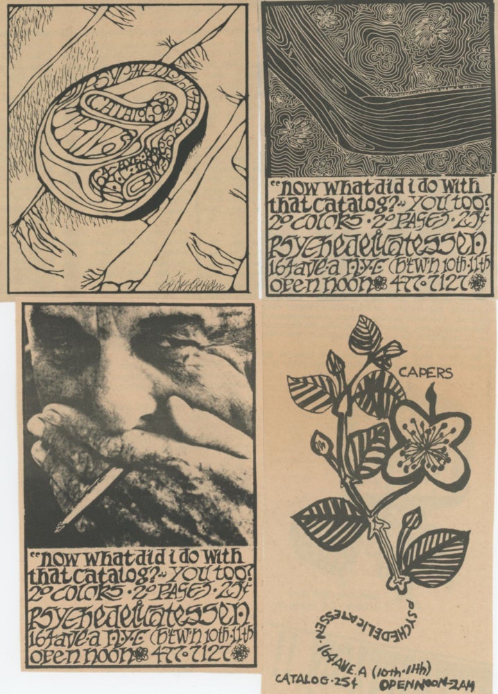 Item #SKB-17630 Group of seven newspaper ads for the Psychedelicatessen each featuring psychedelic art. Timothy LEARY, Albert HOFMANN.