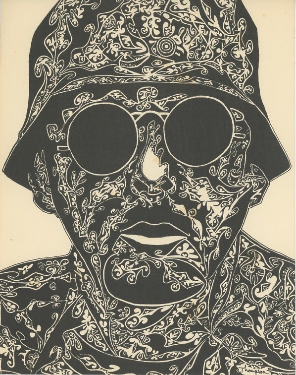 Item #SKB-17634 Handbill on card stock printing a psychedelicized b&w drawing of a helmeted biker wearing shades. THOMPSON.