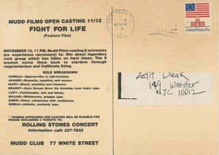 Invitation issued by the Mudd Club and Mudd Films for a casting call for the film "Fight for Life" about the Rolling Stones, 1981.