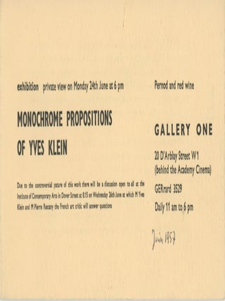Item #SKB-17720 Folding invitation for Yves Klein's 1957 "Monochrome Propositions of Yves Klein"...