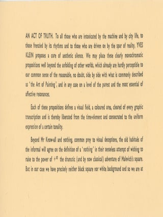 Folding invitation for Yves Klein's 1957 "Monochrome Propositions of Yves Klein" show at Gallery One in London.