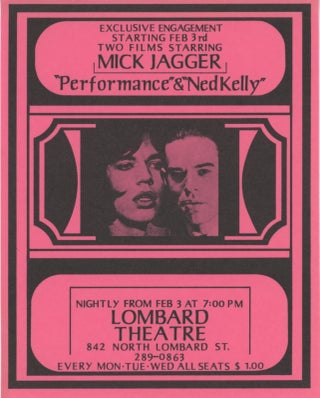 Item #SKB-17725 Flyer announcing a screening of the Mick Jagger films "Performance" and "Ned...
