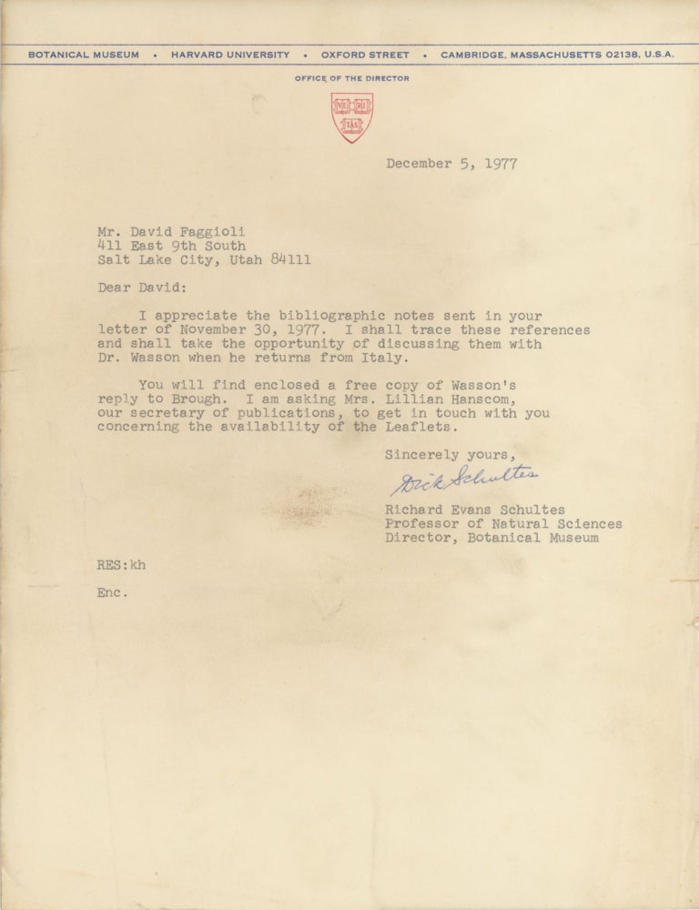 Item #SKB-17727 Typed Letter Signed mentioning Gordon Wasson. Richard Evans SCHULTES.