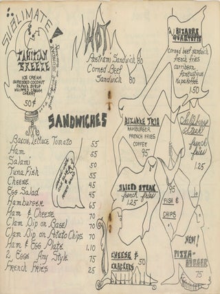 Menu from Cafe Bizarre in Greenwich Village.