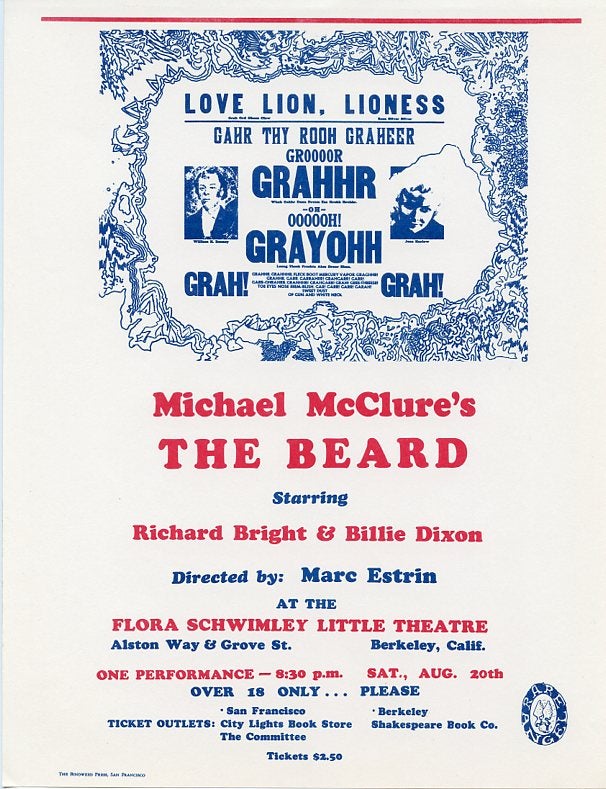 Item #SKB-2300 Handbill announcing an early performance of The Beard at the Flora Schwimley Little Theatre in Berkeley. Michael McCLURE.