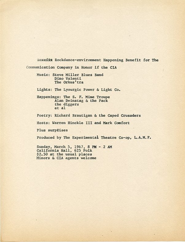 Item #SKB-4805 Handbill announcing a ''Rockdance-environment Happening Benefit for the Communication Company in Honor of the CIA.''. Richard BRAUTIGAN, Chester, ANDERSON, Emmett GROGAN.