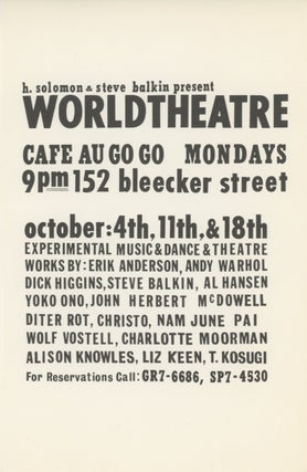 Item #SKB-7022 Flyer announcing WORLD THEATRE at the Cafe Au Go Go in Greenwich Village, 1965....