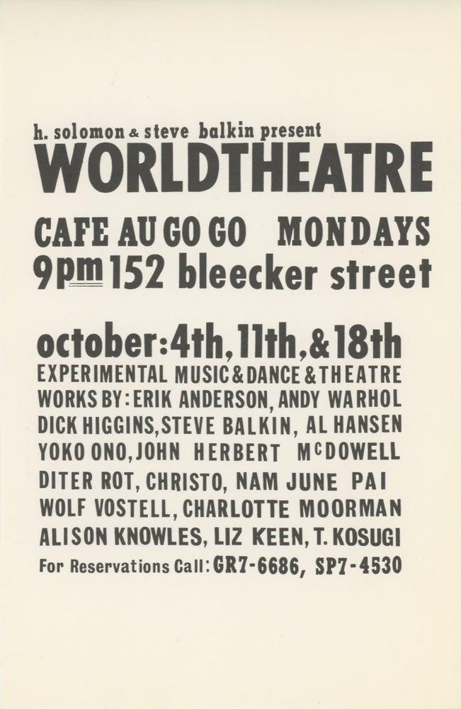 Item #SKB-7022 Flyer announcing WORLD THEATRE at the Cafe Au Go Go in Greenwich Village, 1965. Andy WARHOL, Yoko ONO.