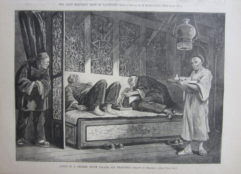 Item #SKB-8168 Woodblock print by Paul Frenzeny titled: ''Scene in a Chinese Opium Palace, San Francisco.''. Paul FRENZENY.