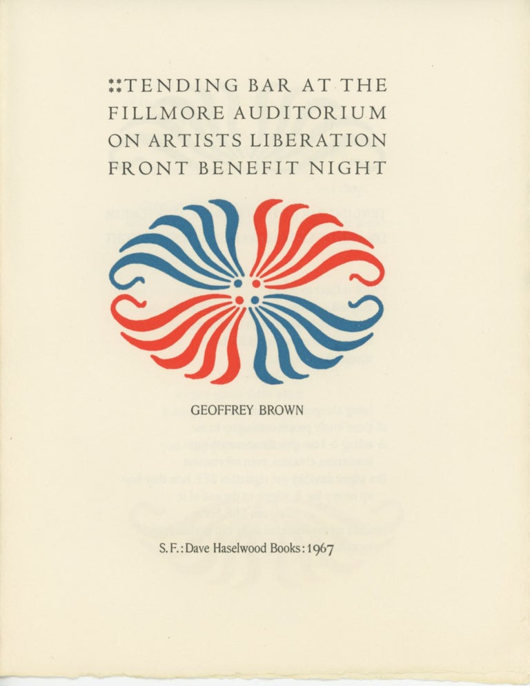 Item #SKB-9837 Tending Bar at the Fillmore Auditorium on Artists Liberation Front Benefit Night. Geoffrey BROWN.